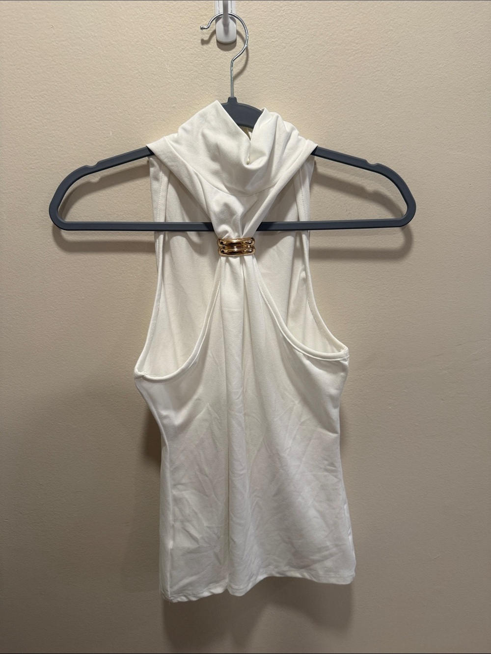 Sleeveless White Halter Top with Gold Ring Detail